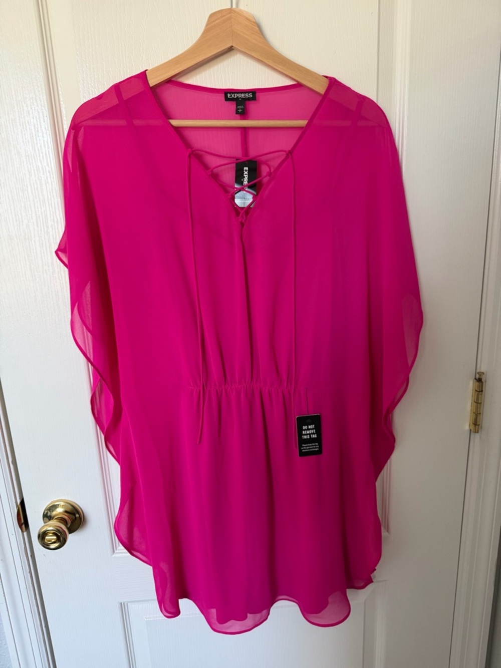 Express Women's Hot Pink Lace-Up Chiffon Tunic